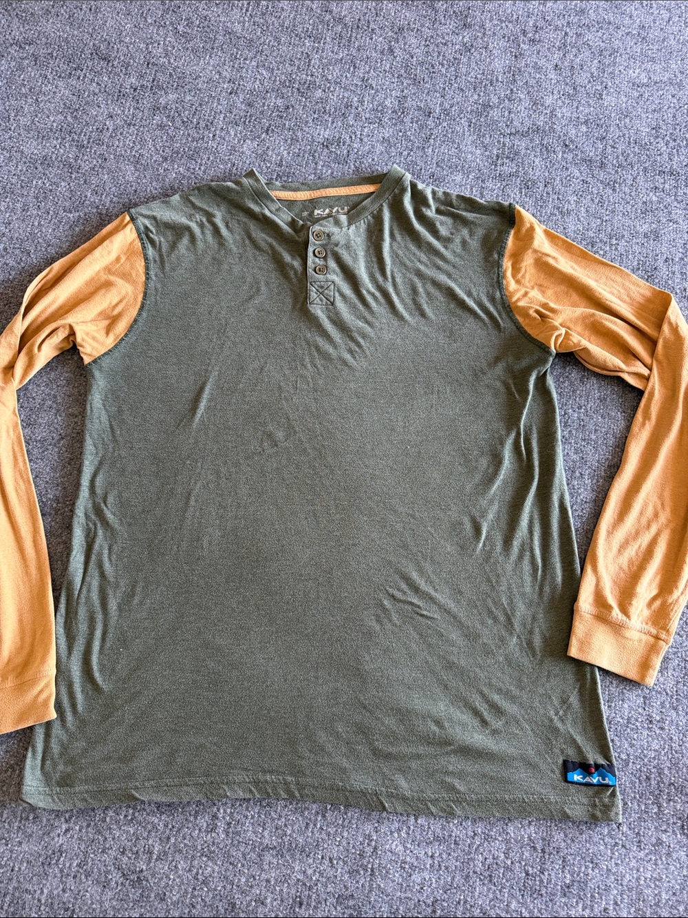 Kavu Two-Tone Henley Long Sleeve Shirt in Olive & Mustard